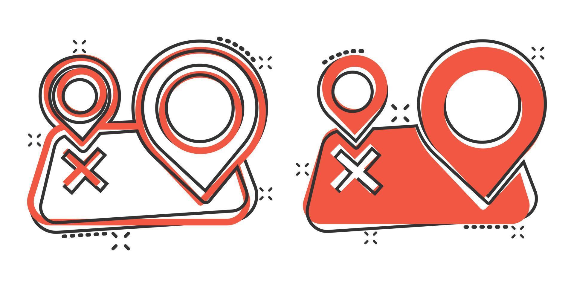 Map pin icon in comic style. GPS navigation cartoon vector illustration on white isolated background. Locate position splash effect business concept.