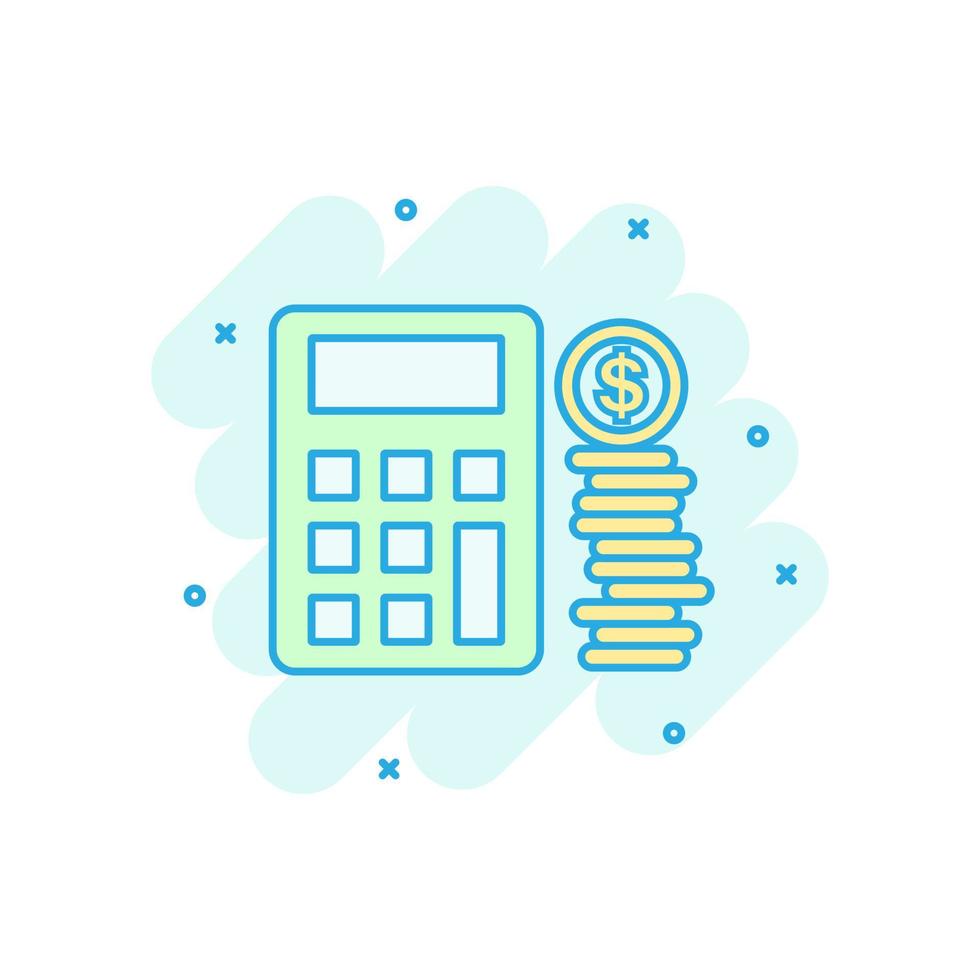 Money calculation icon in comic style. Budget banking vector cartoon illustration on white isolated background. Financial payment splash effect business concept.