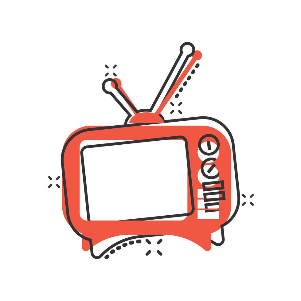 icono de tv en estilo cómico. ilustración de vector de signo de dibujos animados de televisión sobre fondo blanco aislado. concepto de negocio de efecto de salpicadura de canal de video.