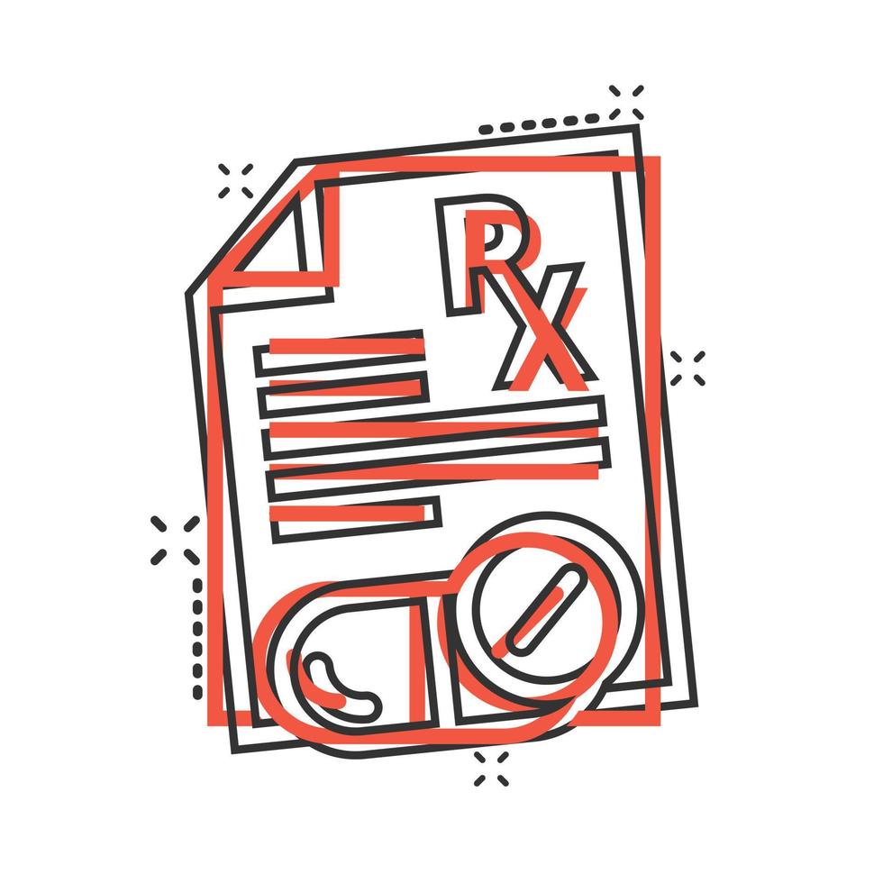 Prescription icon in comic style. Rx document cartoon vector illustration on white isolated background. Paper splash effect business concept.