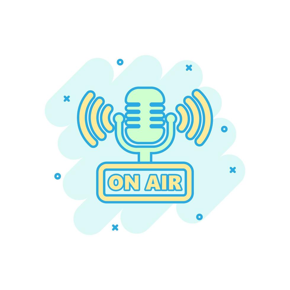 Microphone icon in comic style. Live broadcast vector cartoon illustration on white isolated background. On air business concept splash effect.