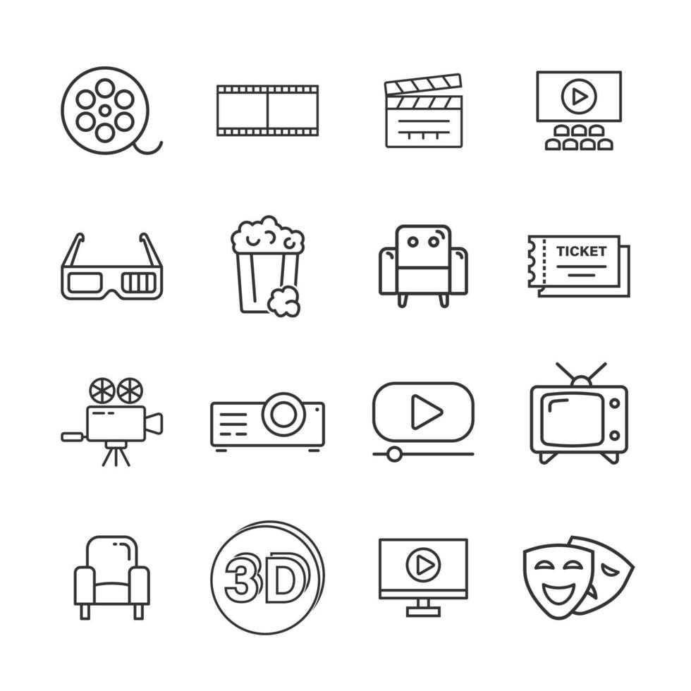 icono de línea de cine en estilo plano. Ilustración de vector de conjunto de entretenimiento sobre fondo blanco aislado. concepto de negocio de medios de cine.