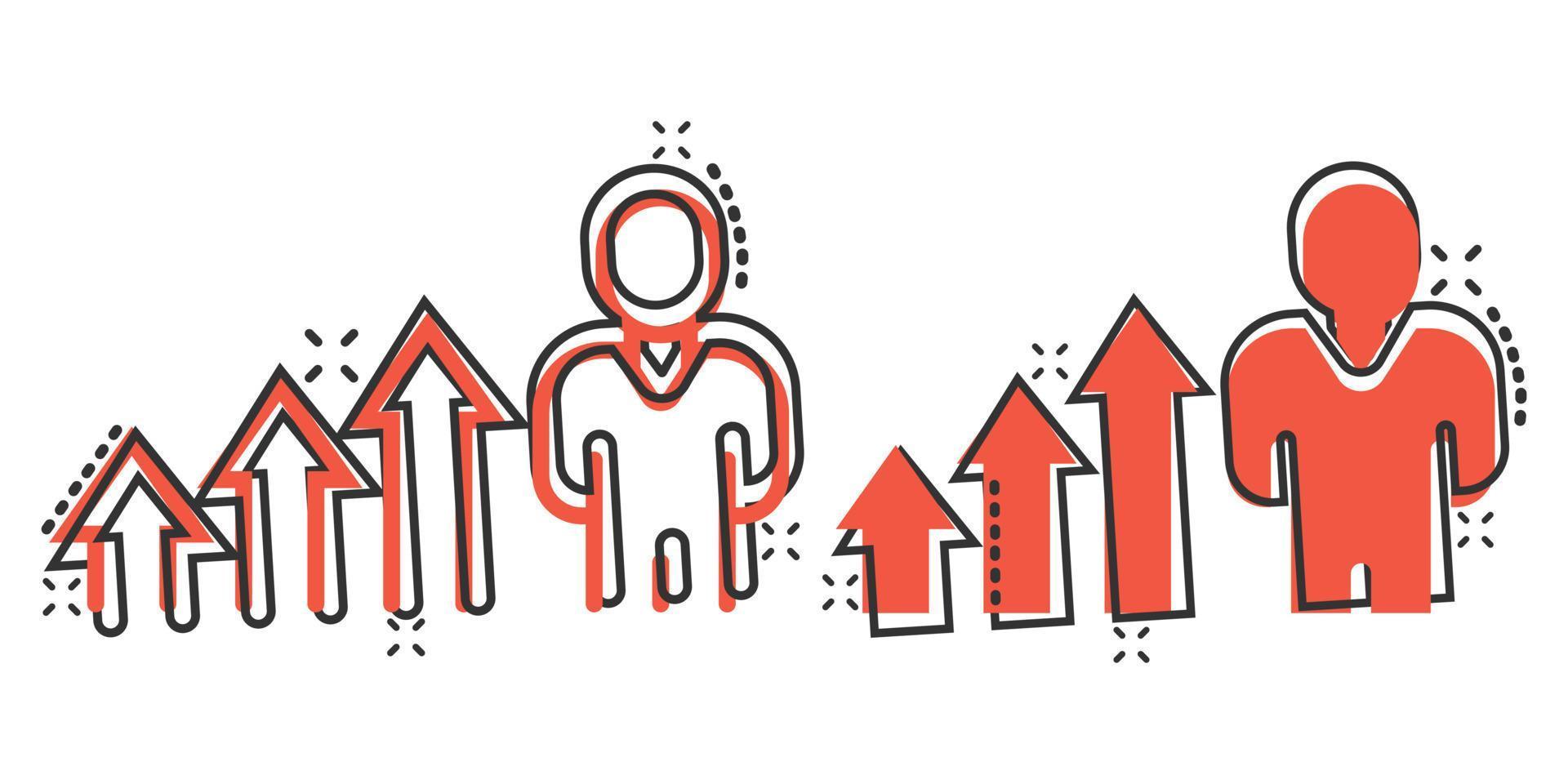 personas con icono de flecha de crecimiento en estilo cómico. ilustración de vector de dibujos animados de estrategia de trabajo sobre fondo blanco aislado. concepto de negocio de efecto de salpicadura de entrenamiento de oficina.