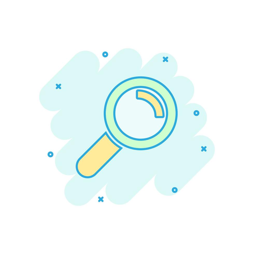 Loupe sign icon in comic style. Magnifier vector cartoon illustration on white isolated background. Search business concept splash effect.