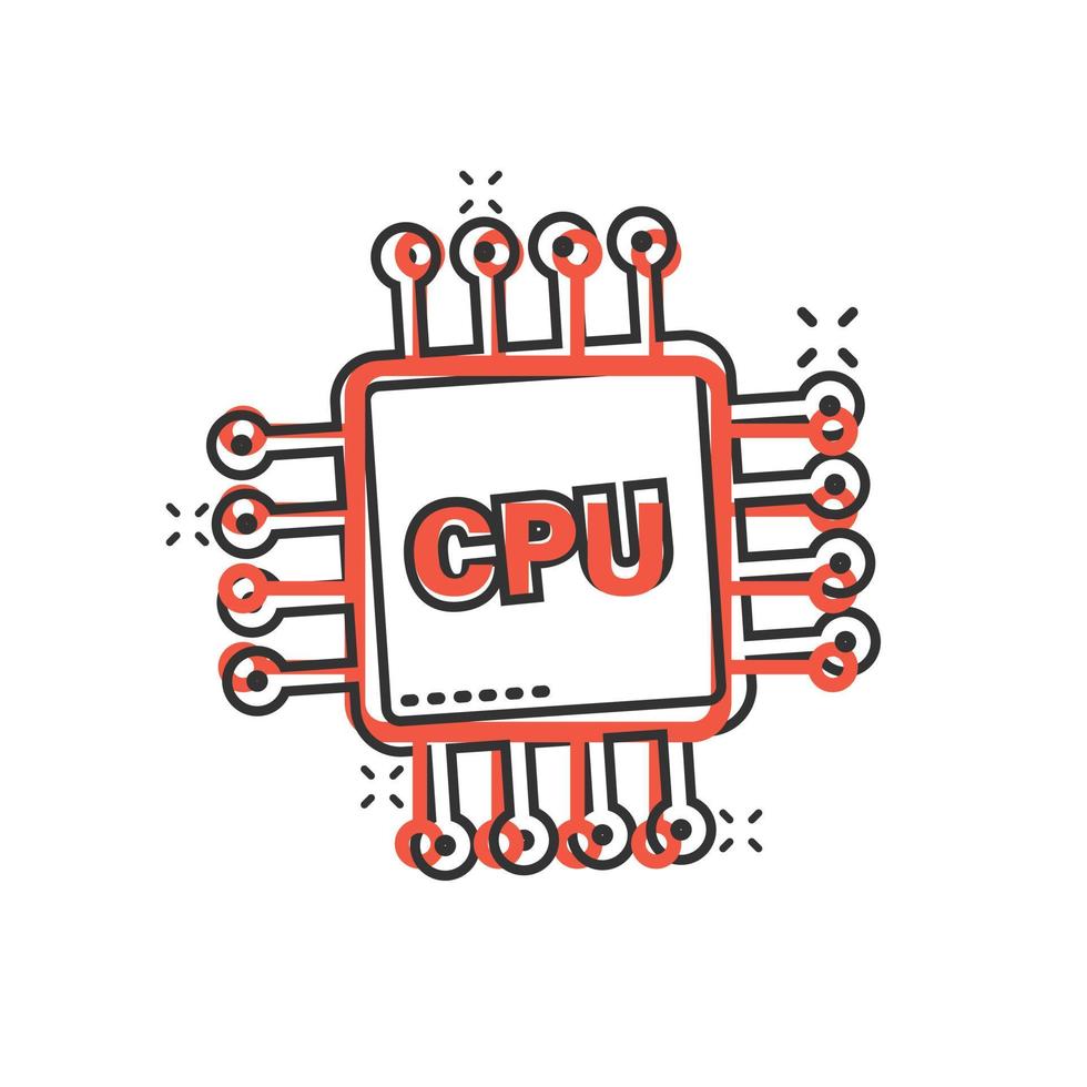Computer cpu icon in comic style. Circuit board cartoon vector illustration on white isolated background. Motherboard chip splash effect business concept.