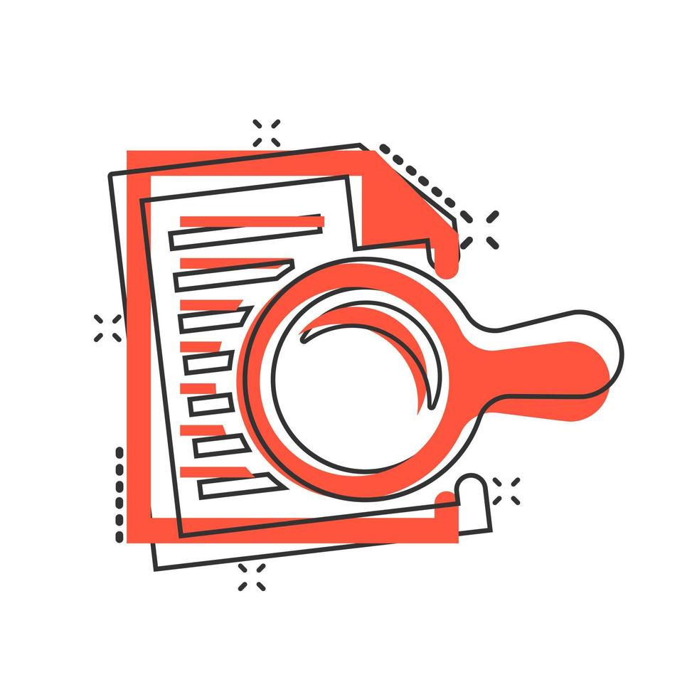 Scrutiny document plan icon in comic style. Review statement vector cartoon illustration pictogram. Document with magnifier loupe business concept splash effect.