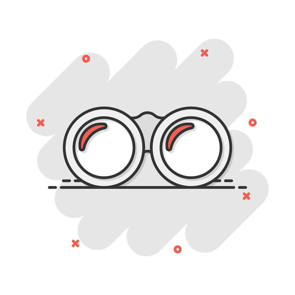 icono binocular de dibujos animados vectoriales en estilo cómico. los binoculares exploran el pictograma de ilustración de signo. concepto de efecto de salpicadura de negocio binocular. vector