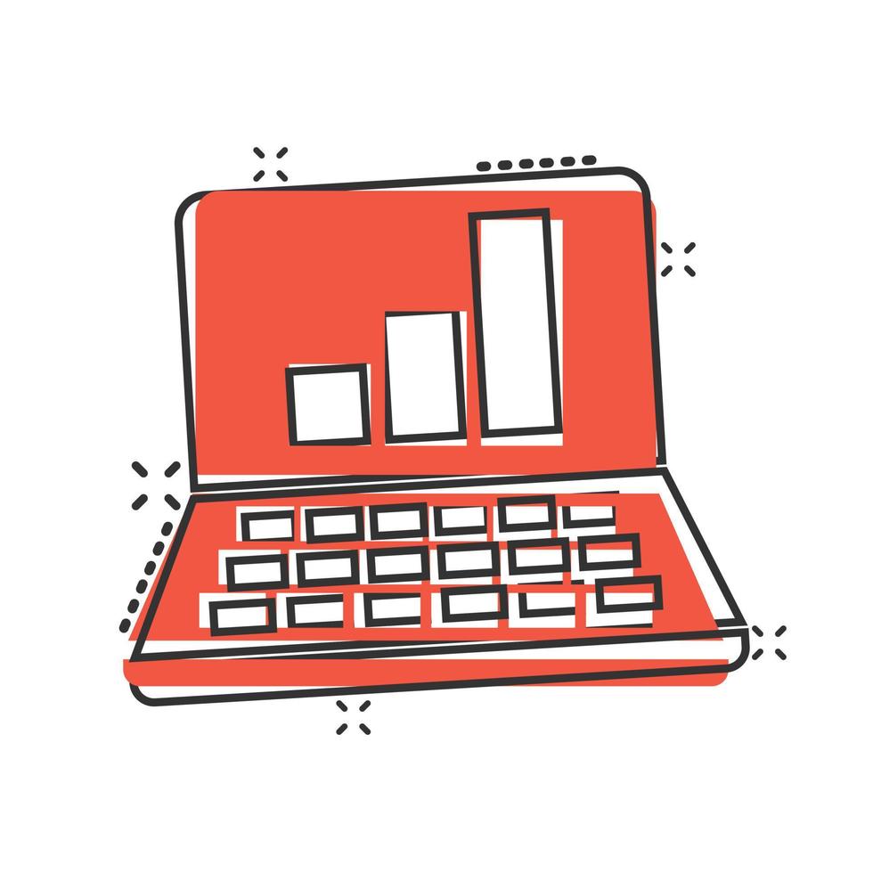 Laptop chart icon in comic style. SEO data cartoon vector illustration on white isolated background. Computer diagram splash effect business concept.