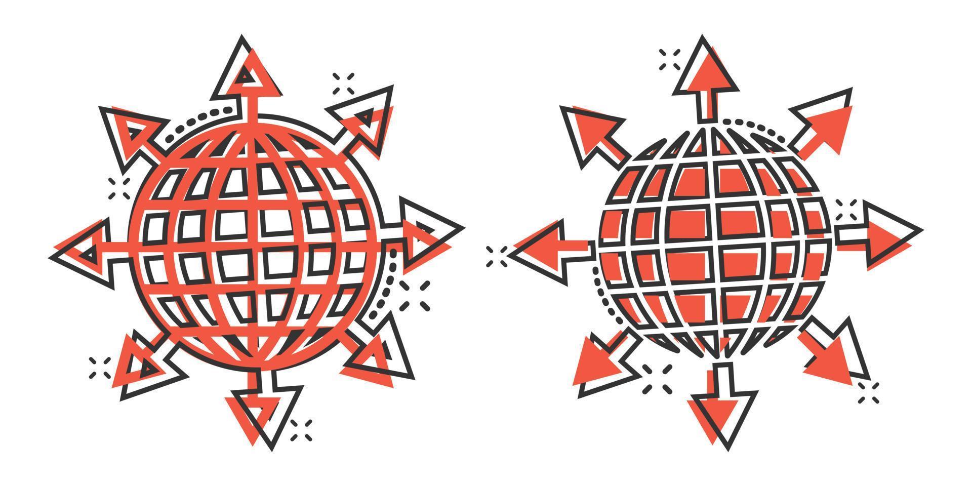 icono del planeta tierra en estilo cómico. ilustración de vector de dibujos animados geográficos de globo sobre fondo blanco aislado. concepto de negocio de efecto de salpicadura de comunicación global.