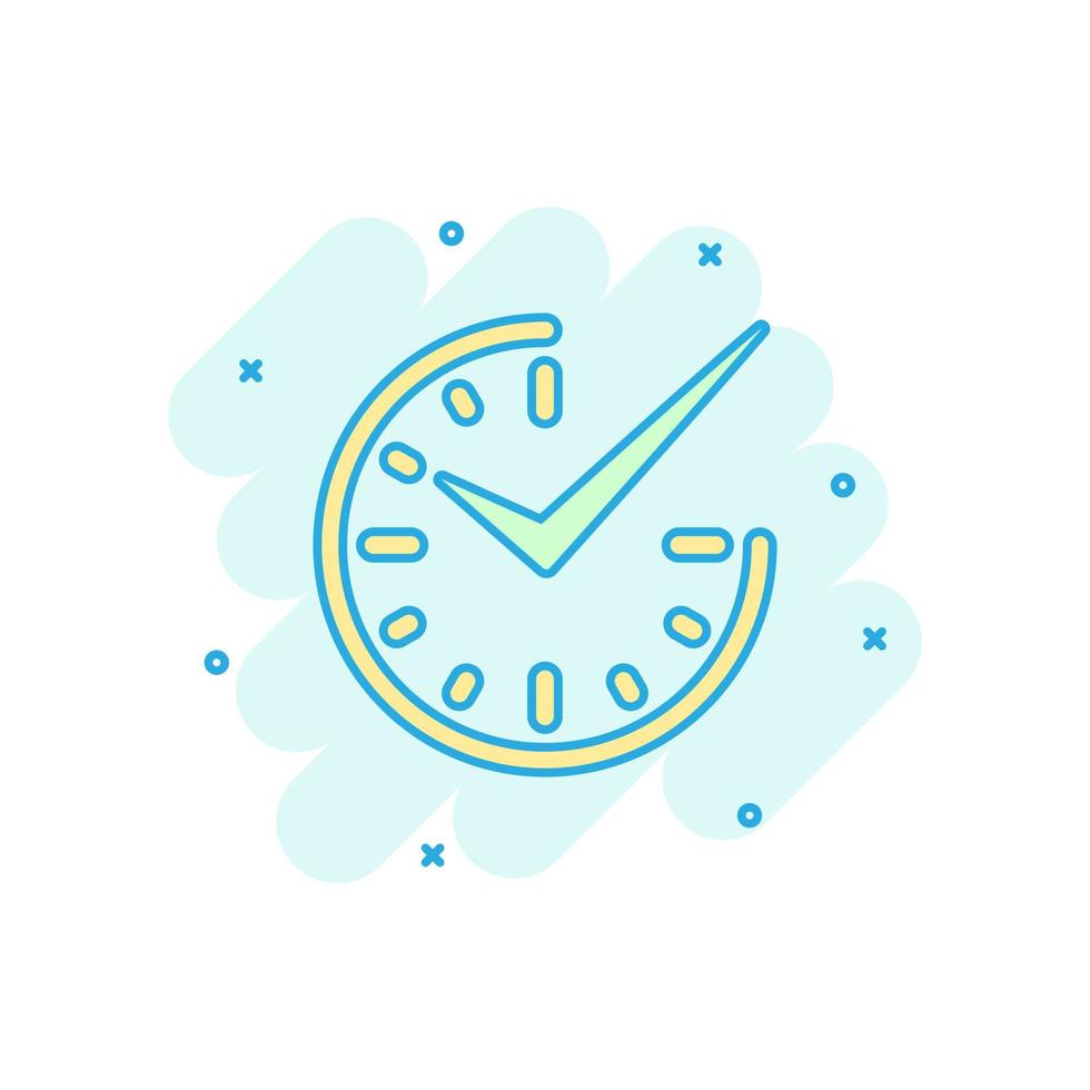 Real time icon in comic style. Clock vector cartoon illustration on white isolated background. Watch business concept splash effect.