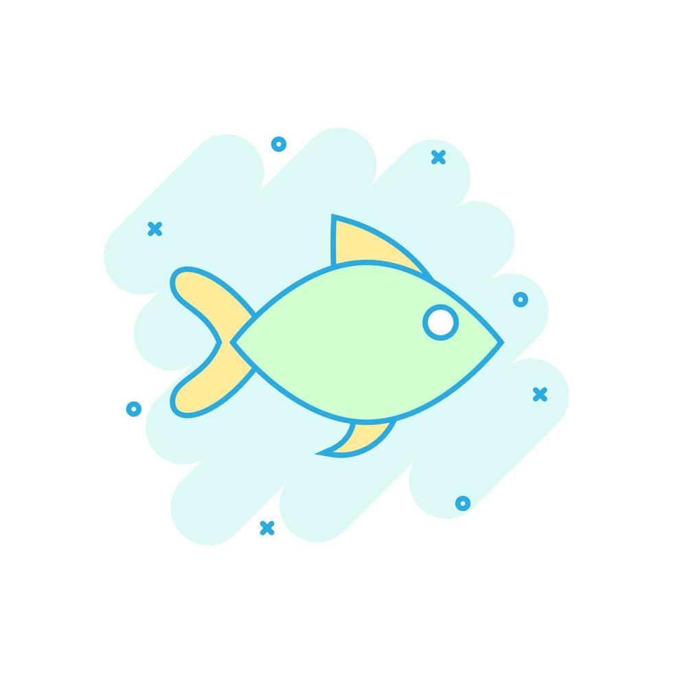 Fish sign icon in comic style. Goldfish vector cartoon illustration on white isolated background. Seafood business concept splash effect.