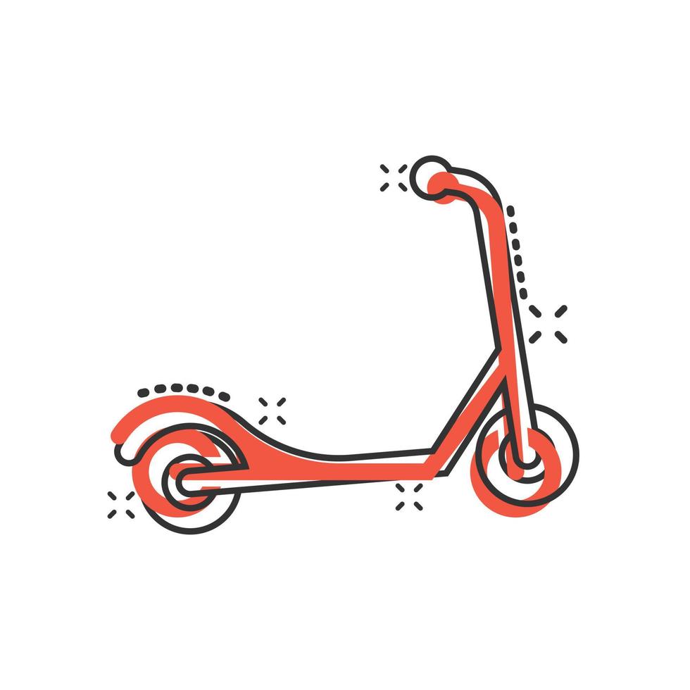 icono de scooter eléctrico en estilo cómico. ilustración de vector de dibujos animados de bicicleta sobre fondo blanco aislado. concepto de negocio de efecto de salpicadura de transporte.