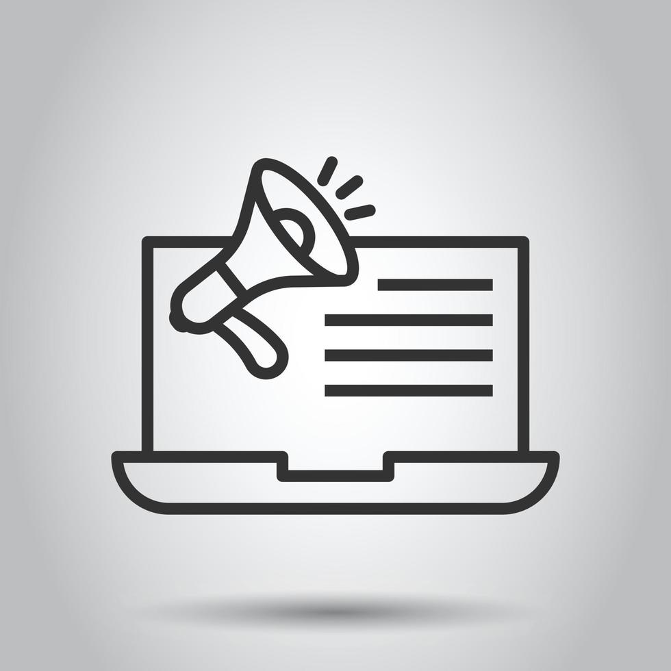 Laptop with megaphone speaker icon in flat style. Notebook bullhorn vector illustration on white isolated background. Computer subscribe business concept.