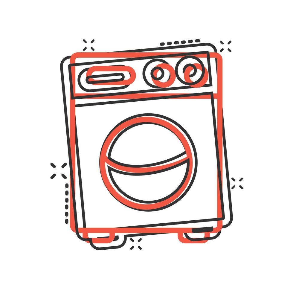 Washing machine icon in comic style. Washer cartoon vector illustration on white isolated background. Laundry splash effect business concept.