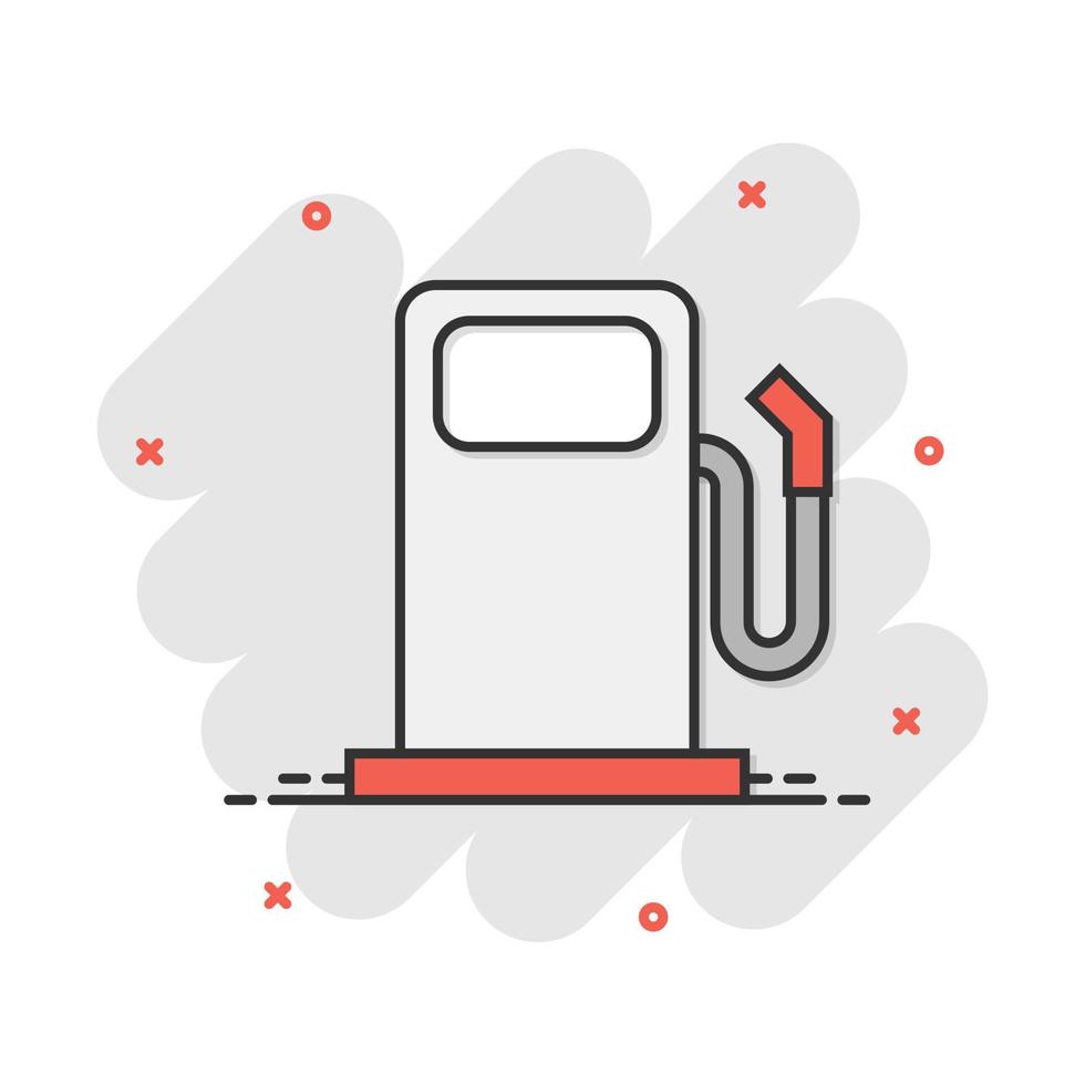 Vector cartoon fuel gas station icon in comic style. Car petrol pump sign illustration pictogram. Fuel business splash effect concept.