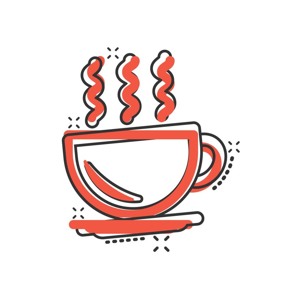 Coffee cup icon in comic style. Hot tea cartoon vector illustration on white isolated background. Drink mug splash effect business concept.