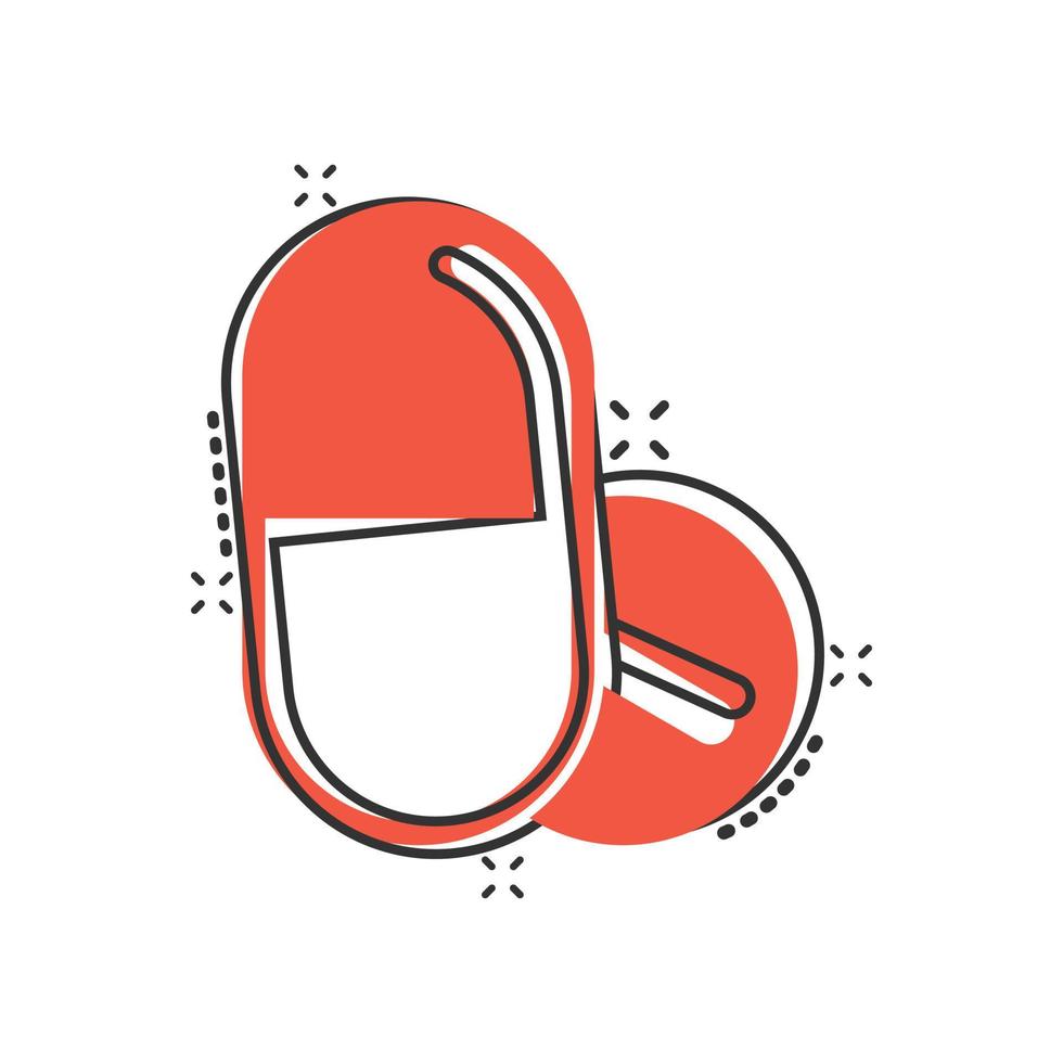 Pill capsule icon in comic style. Drugs cartoon vector illustration on white isolated background. Pharmacy splash effect business concept.