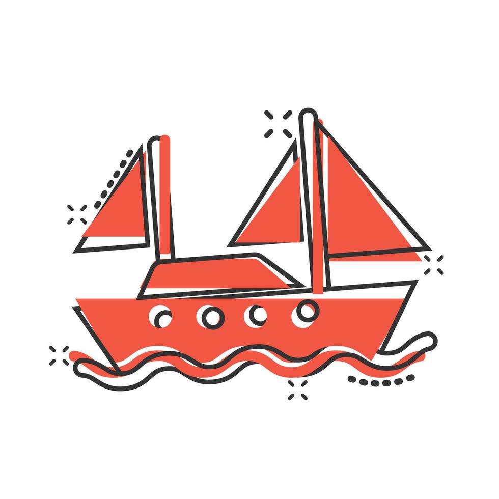 icono de barco de turismo en estilo cómico. ilustración de vector de dibujos animados de barco de pesca sobre fondo blanco aislado. concepto de negocio de efecto de salpicadura de destino de petrolero.