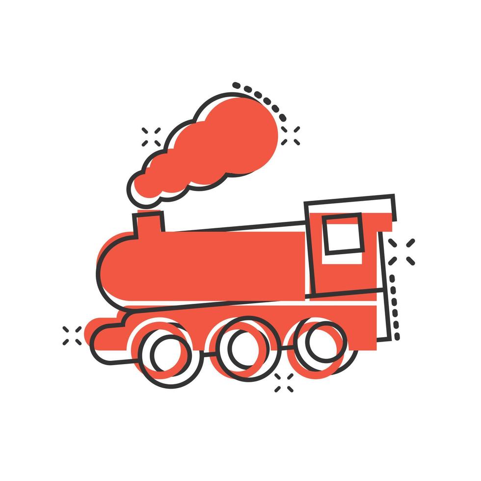 Metro icon in comic style. Train subway cartoon vector illustration on white isolated background. Railroad cargo splash effect business concept.