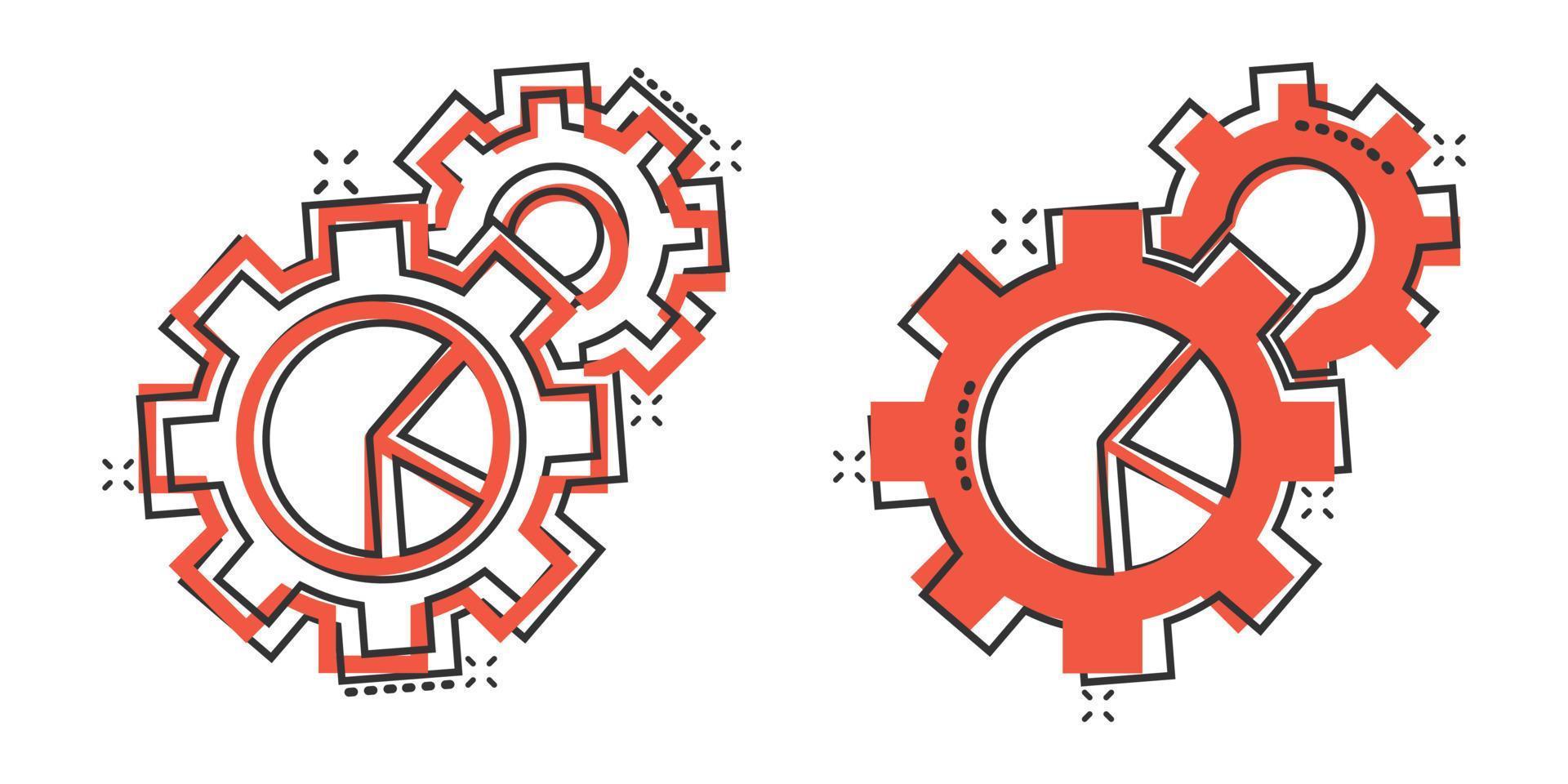 Workflow chart icon in comic style. Gear with diagram cartoon vector illustration on white isolated background. Process organization splash effect business concept.