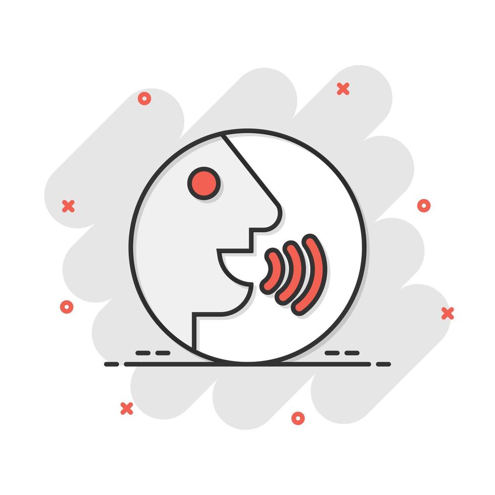 Voice command with sound waves icon in comic style. Speak control vector cartoon illustration pictogram. Speaker people business concept splash effect.