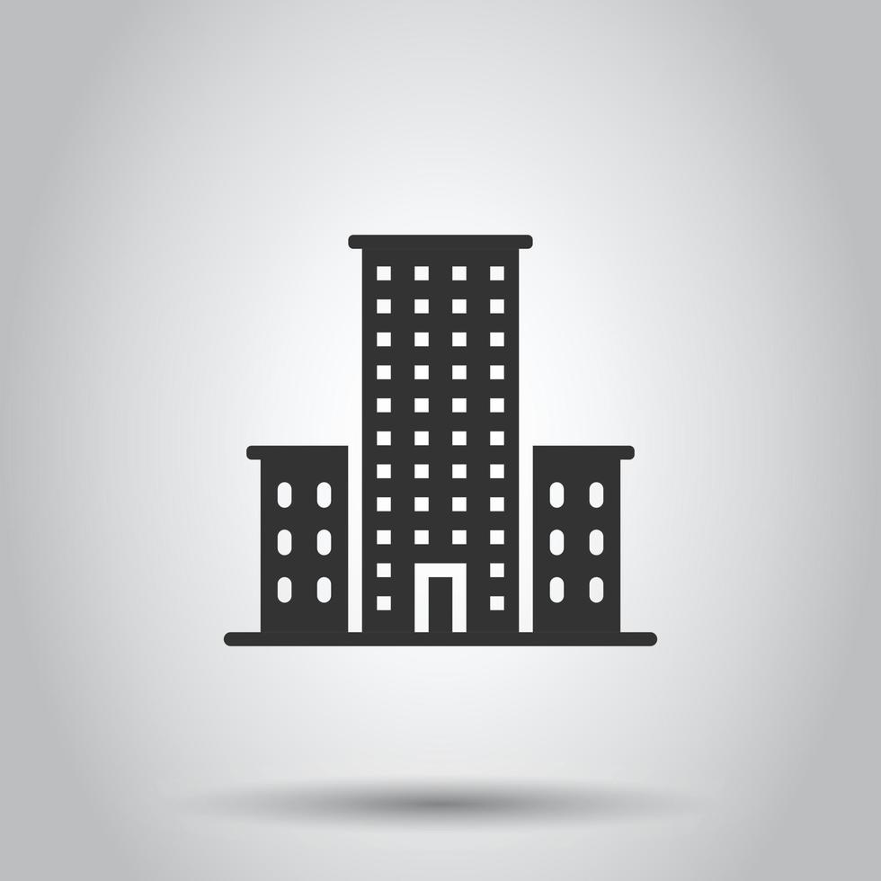 Building icon in flat style. Town skyscraper apartment vector illustration on white isolated background. City tower business concept.