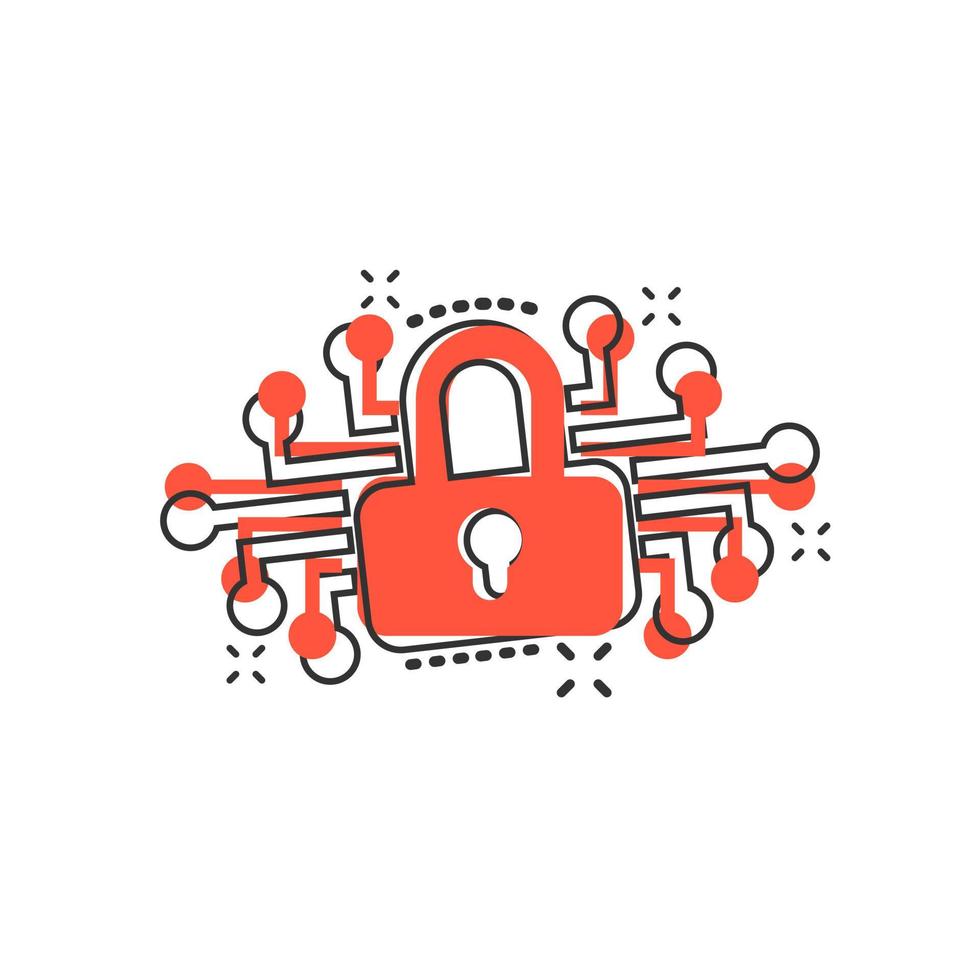 Cyber security icon in comic style. Padlock locked vector cartoon illustration on white isolated background. Closed password business concept splash effect.