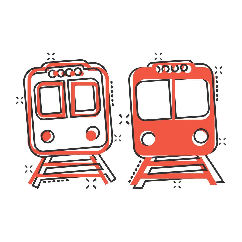 Metro icon in comic style. Train subway cartoon vector illustration on white isolated background. Railroad cargo splash effect business concept.