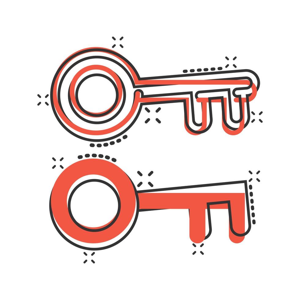 Key icon in comic style. Password cartoon vector illustration on white isolated background. Access splash effect business concept.