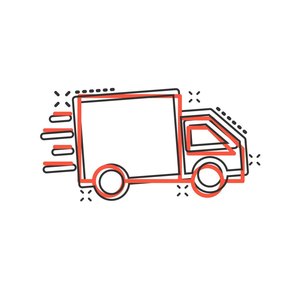 Delivery truck sign icon in comic style. Van vector cartoon illustration on white isolated background. Cargo car business concept splash effect.