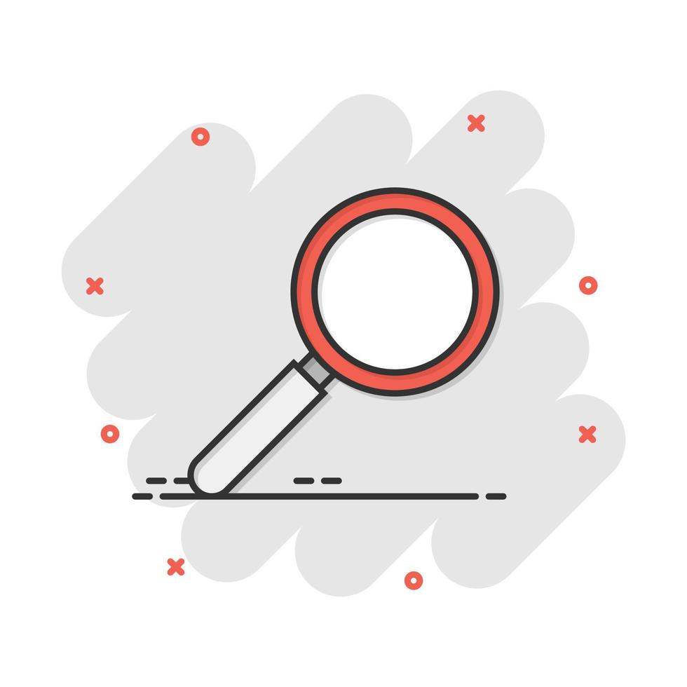 Vector cartoon loupe icon in comic style. Magnifier sign illustration pictogram. Search business splash effect concept.
