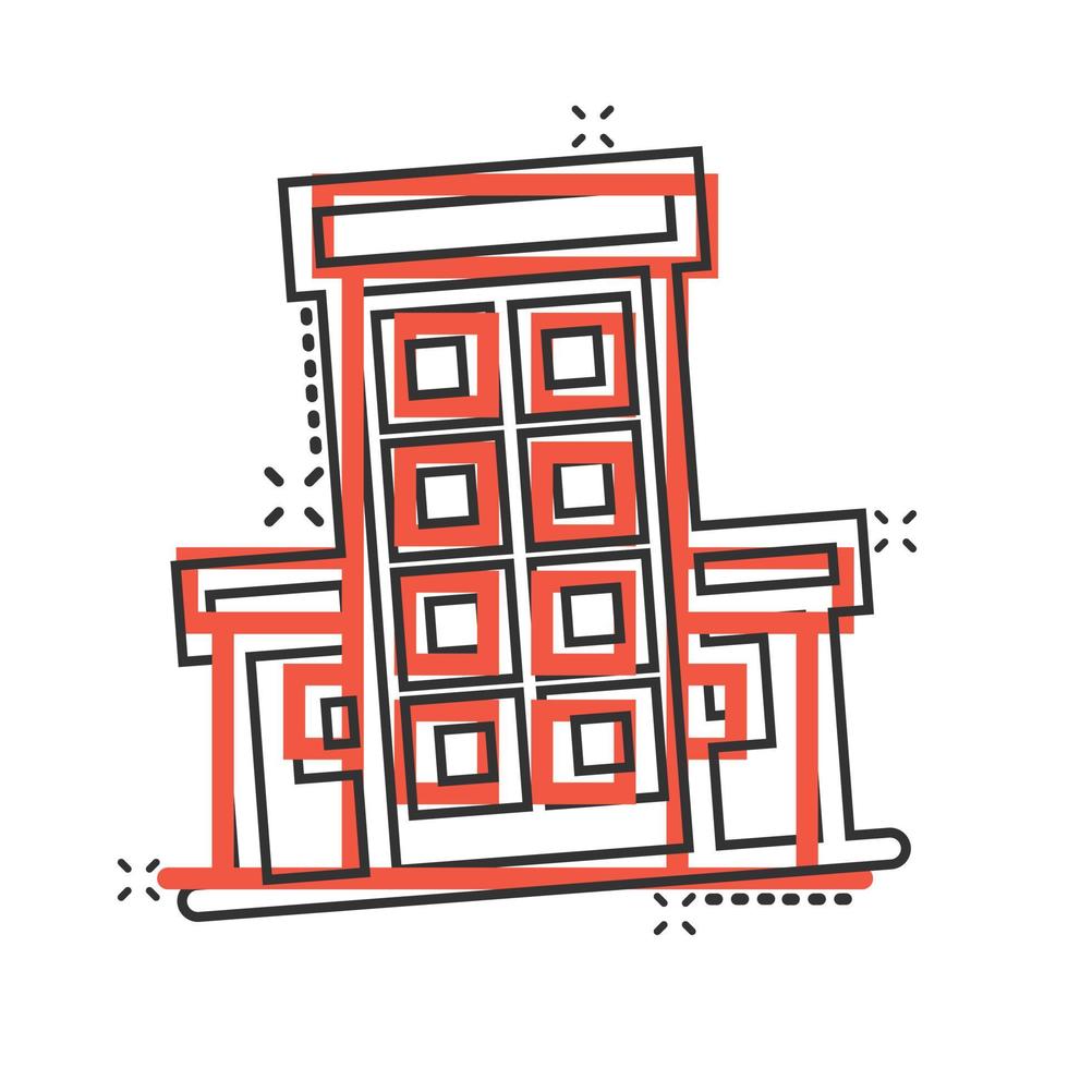 icono de construcción en estilo cómico. ciudad rascacielos apartamento dibujos animados vector ilustración sobre fondo blanco aislado. concepto de negocio de efecto de salpicadura de torre de la ciudad.