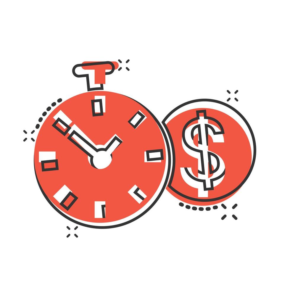 el tiempo es icono de dinero en estilo cómico. reloj con ilustración de vector de dibujos animados de dólar sobre fondo blanco aislado. concepto de negocio de efecto de salpicadura de moneda.