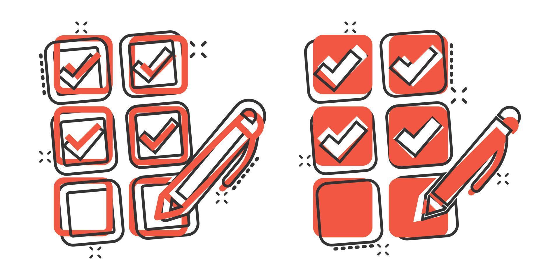 Checklist document icon in comic style. Survey cartoon vector illustration on white isolated background. Check mark choice splash effect business concept.