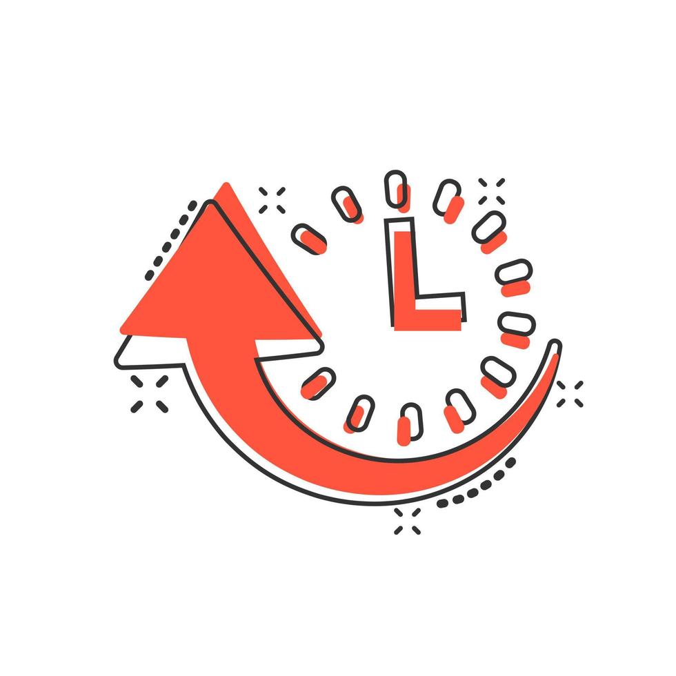 Downtime icon in comic style. Uptime vector cartoon illustration on white isolated background. Clock business concept splash effect.