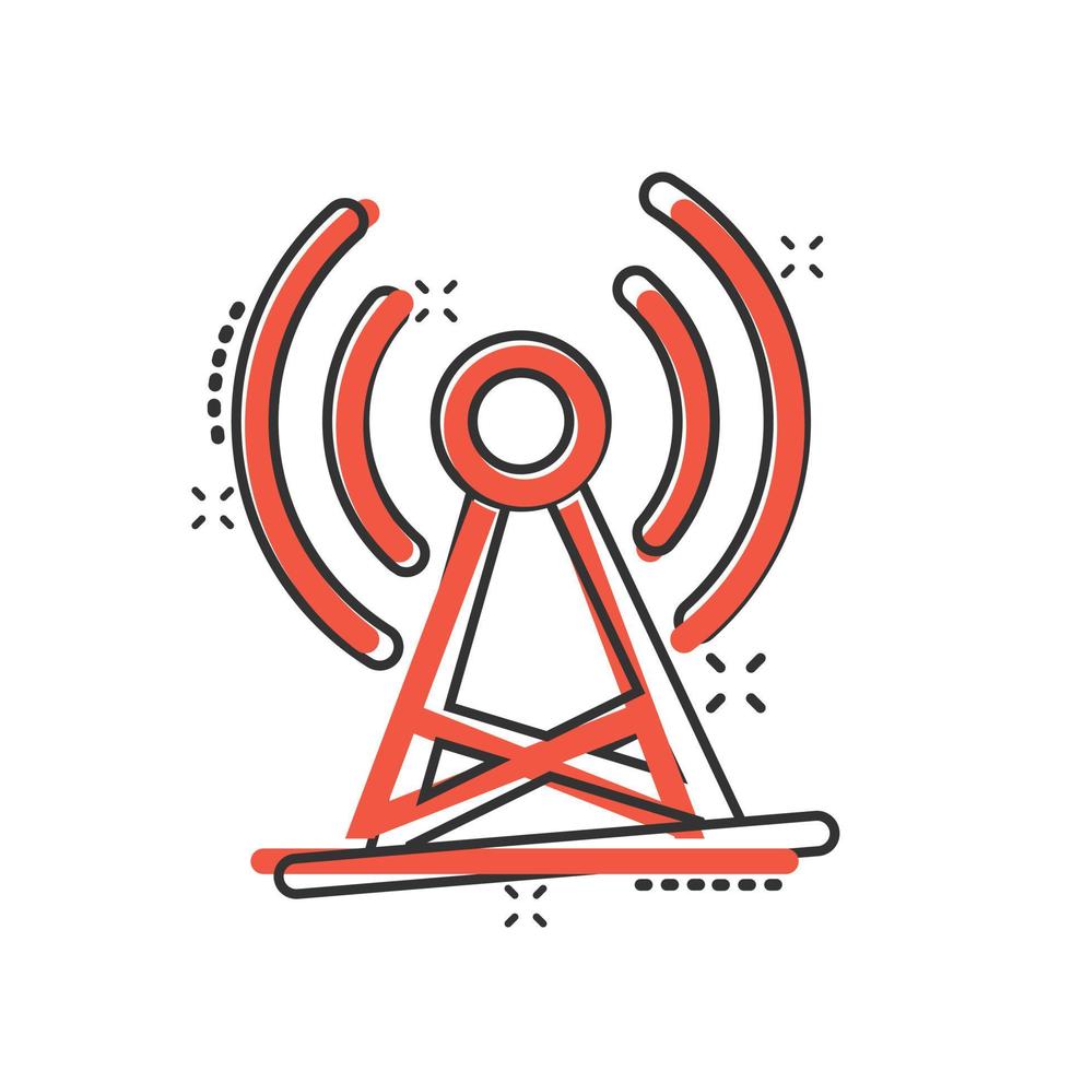 Antenna tower icon in comic style. Broadcasting cartoon vector illustration on white isolated background. Wifi splash effect business concept.