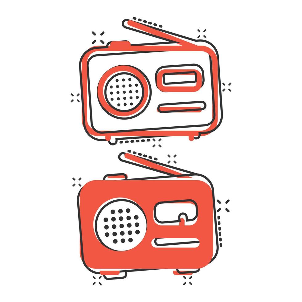 Radio icon in comic style. Fm broadcast cartoon vector illustration on white isolated background. Radiocast splash effect business concept.