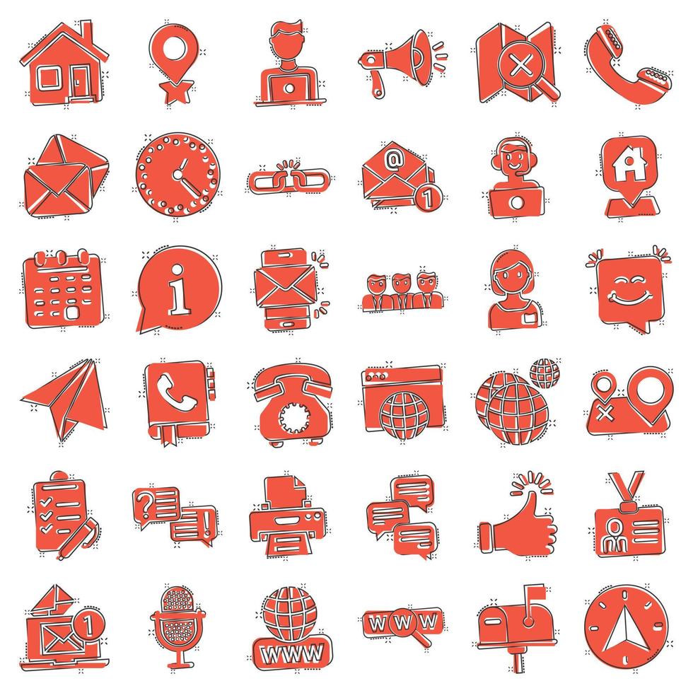 Contact us icon set in comic style. Mobile communication cartoon vector illustration on white isolated background. Phone call splash effect business concept.