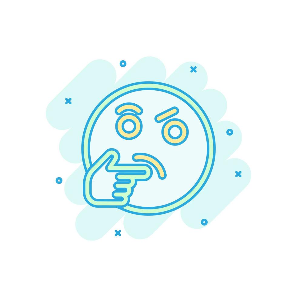 Thinking face icon in comic style. Smile emoticon vector cartoon illustration on white isolated background. Character splash effect business concept.