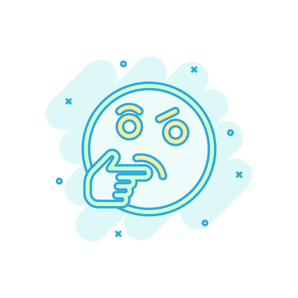 icono de cara de pensamiento en estilo cómico. Sonrisa emoticono vector ilustración de dibujos animados sobre fondo blanco aislado. concepto de negocio de efecto de salpicadura de carácter.