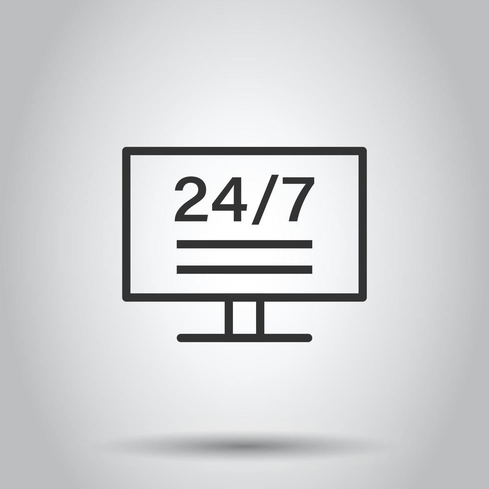 24 7 computer icon in flat style. All day service vector illustration on white isolated background. Support business concept.