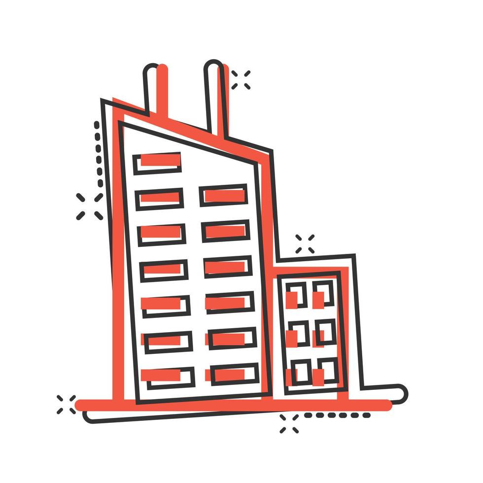 Building icon in comic style. Town skyscraper apartment cartoon vector illustration on white isolated background. City tower splash effect business concept.