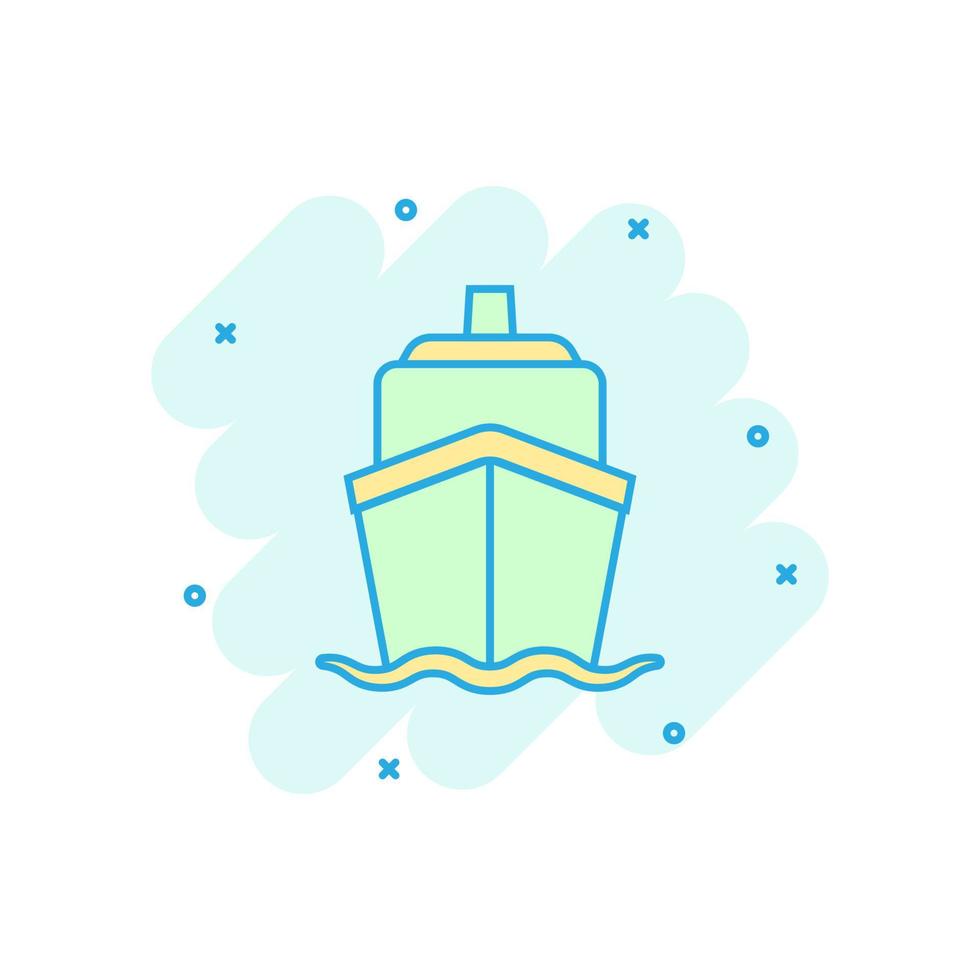 icono de signo de crucero de barco en estilo cómico. ilustración de dibujos animados de vector de barco de carga sobre fondo blanco aislado. efecto de salpicadura del concepto de negocio del buque.