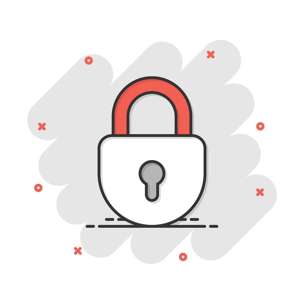 Vector cartoon lock icon in comic style. Padlock locker sign illustration pictogram. Padlock business splash effect concept.