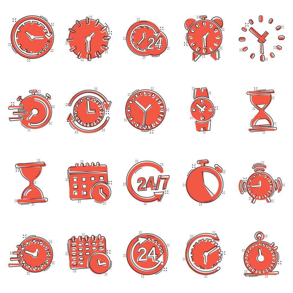 Time icon set in comic style. Agenda clock cartoon vector illustration on white isolated background. Sandglass, wristwatch timer splash effect business concept.