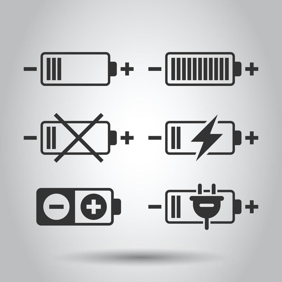 icono de carga de batería establecido en estilo plano. ilustración de vector de nivel de potencia sobre fondo blanco aislado. concepto de negocio de acumulador de litio.