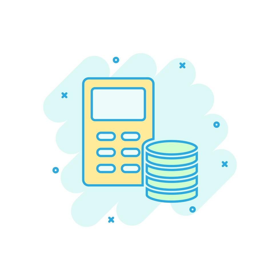 Money calculation icon in comic style. Budget banking vector cartoon illustration on white isolated background. Financial payment splash effect business concept.