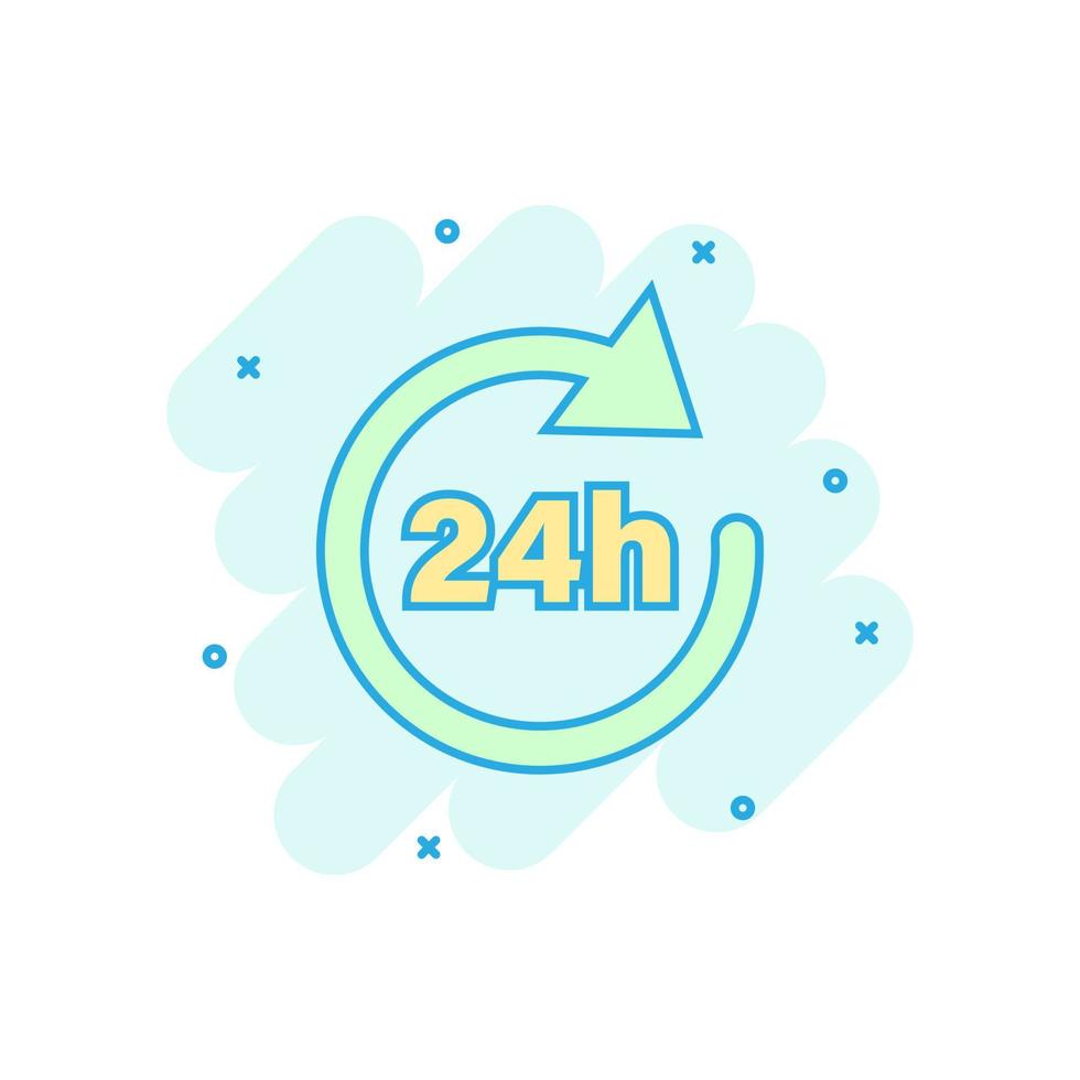 24 hours clock sign icon in comic style. Twenty four hour open vector cartoon illustration on white isolated background. Timetable business concept splash effect.