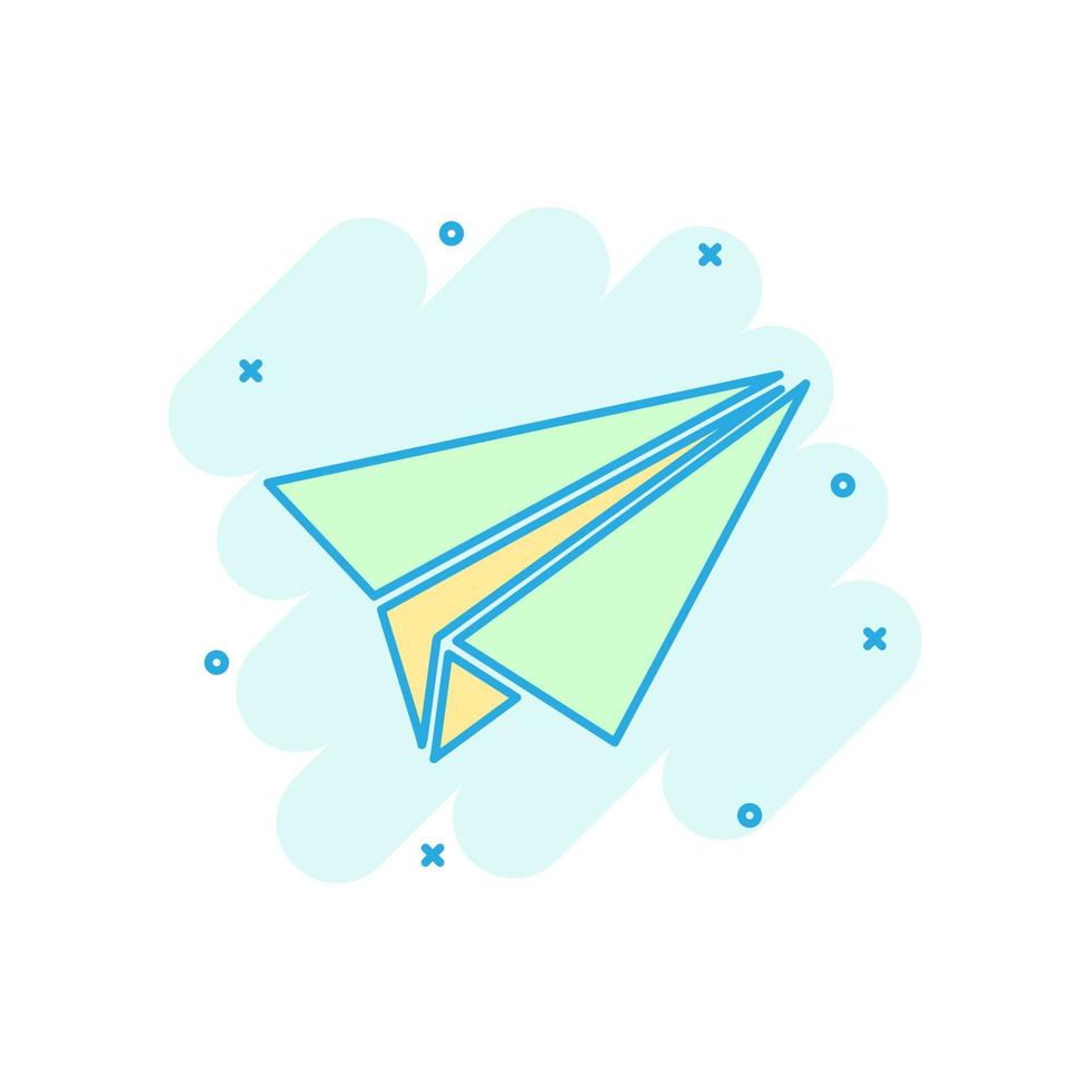 Paper airplane icon in comic style. Plane vector cartoon illustration on white isolated background. Air flight business concept splash effect.