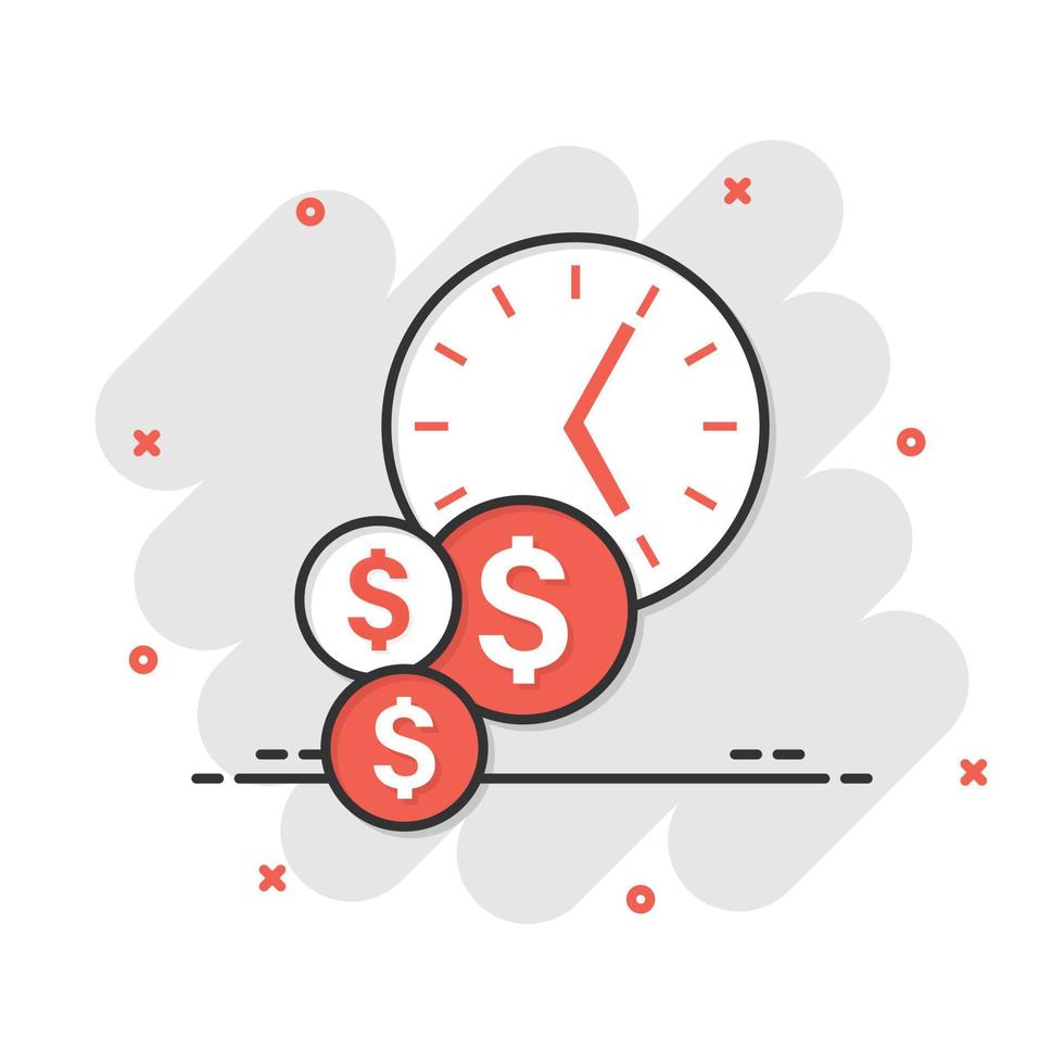 Time is money icon in comic style. Project management cartoon vector illustration on white isolated background. Deadline splash effect business concept.